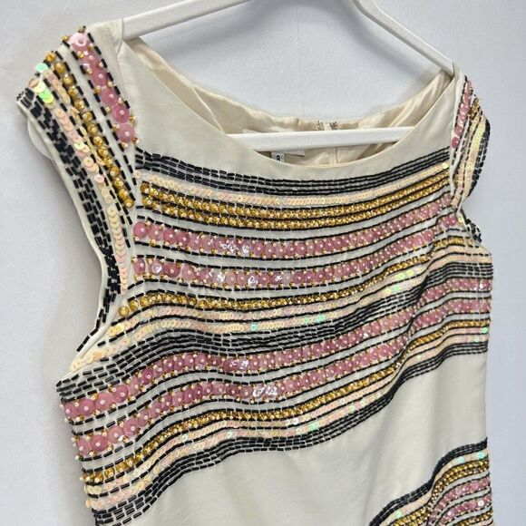 Corey Lynn Calter Anthropologie Beige Striped Beaded Sequin Sheath Dress Size 8 - Picture 2 of 10
